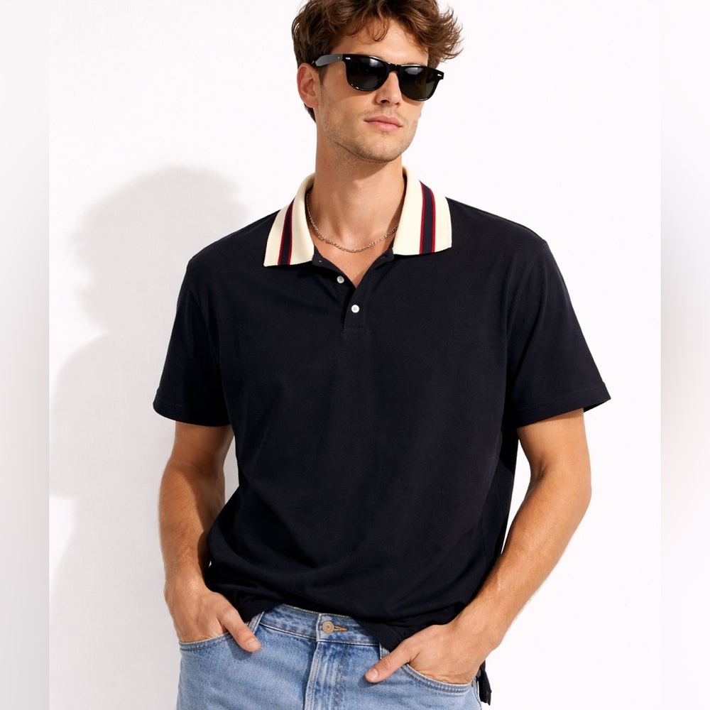 Sandro Paris Navy Blue Polo with Striped Collar